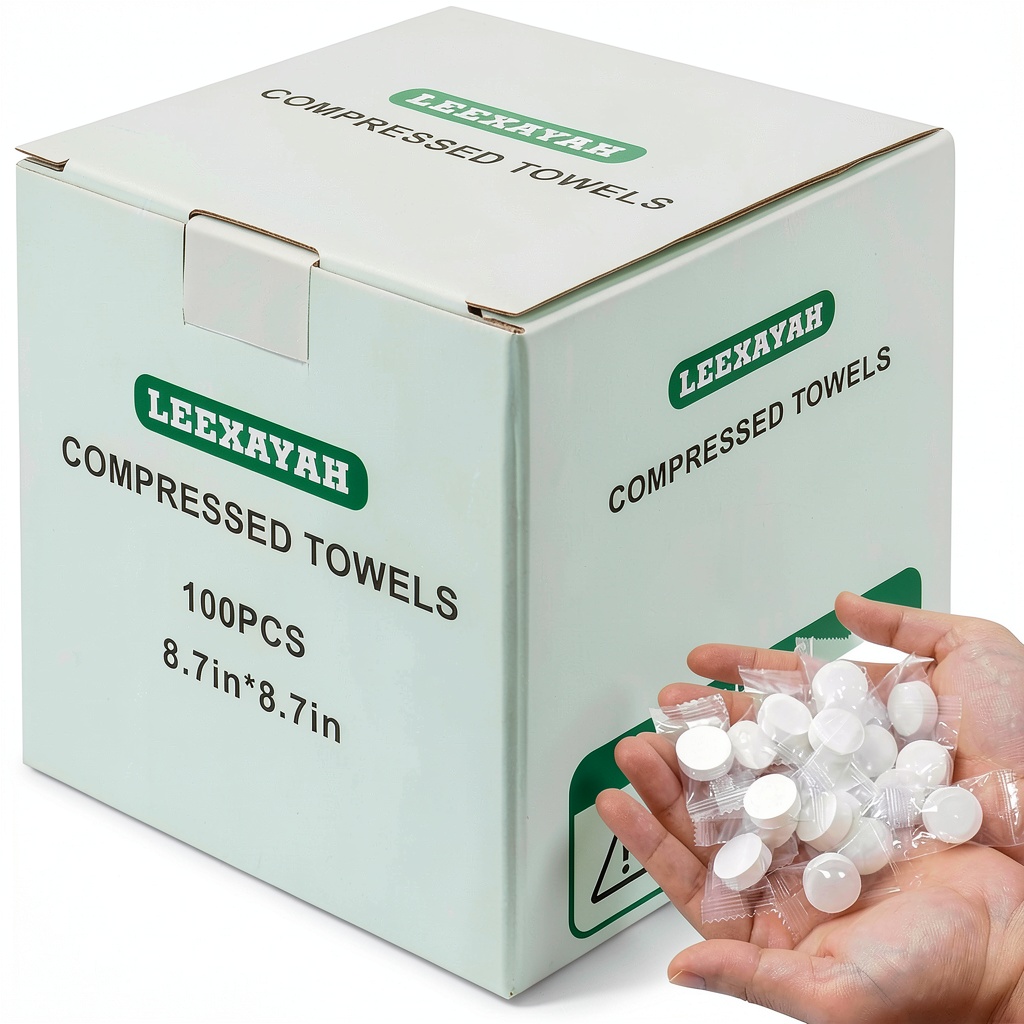 LEEXAYAH compressed towels shown expanded next to their compact tablet form on outdoor gear