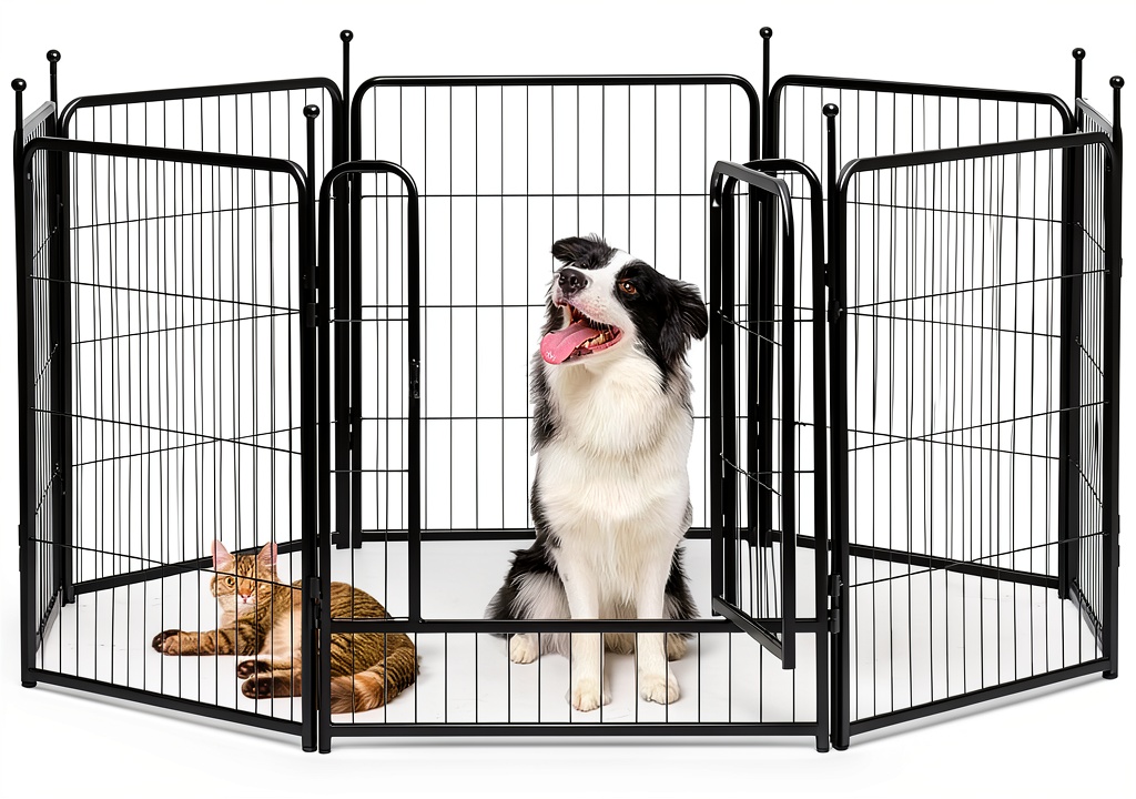 Dog playpen set up in a backyard garden